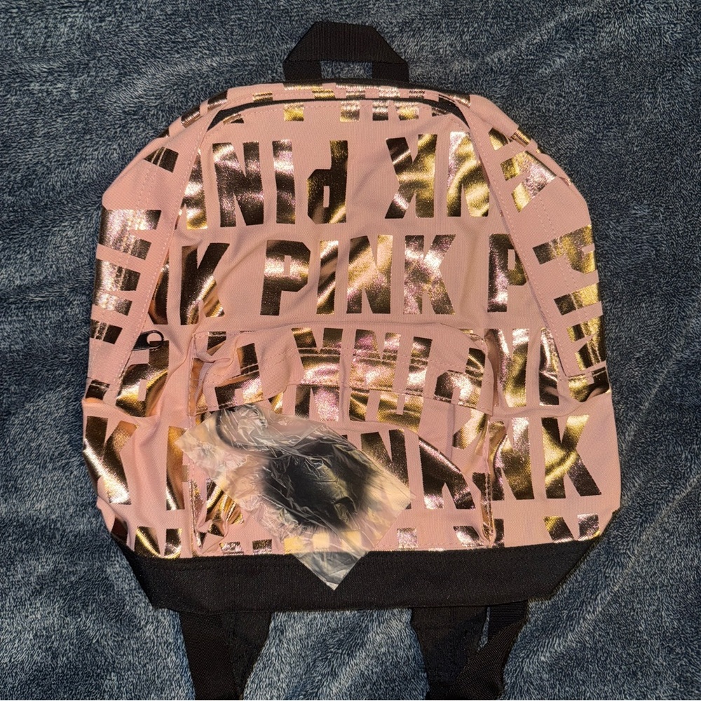 Victoria’s Secret PINK Rose Gold Logo Black Trim Mini Backpack